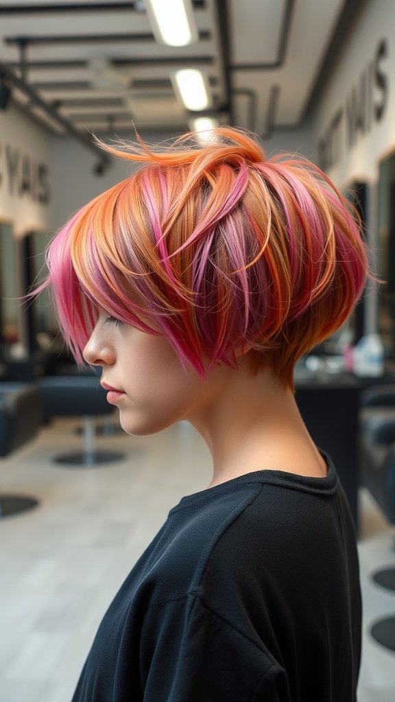 A young person with a disconnected layered pixie cut featuring vibrant pink and orange colors, showcasing a stylish and modern look.