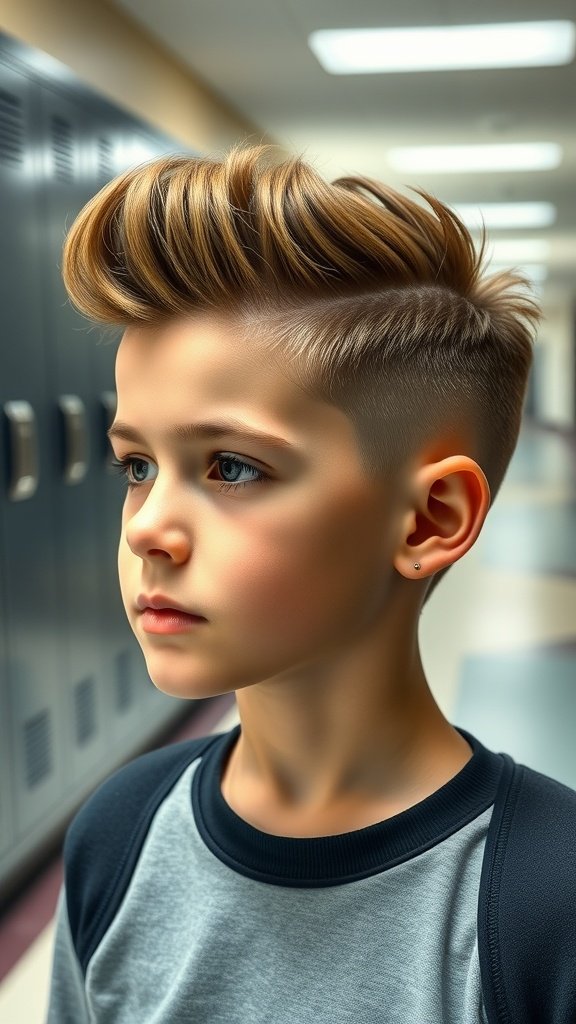 A young boy with a disconnected pompadour hairstyle, showcasing a stylish and modern look.