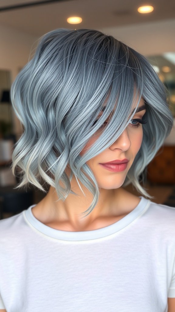 A woman with a dusty blue balayage crop hairstyle, featuring soft waves and a modern look.