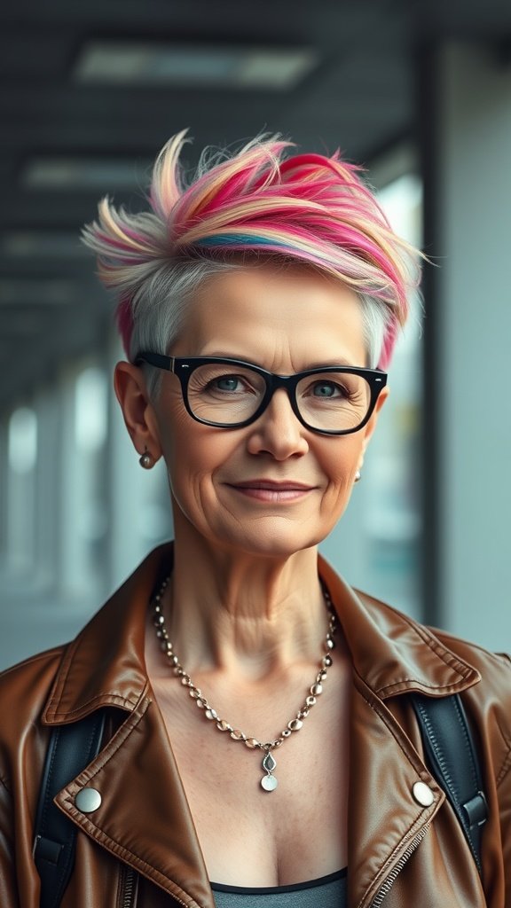 A woman with an edgy mohawk pixie hairstyle, featuring vibrant pink and blue colors, wearing glasses and a leather jacket.