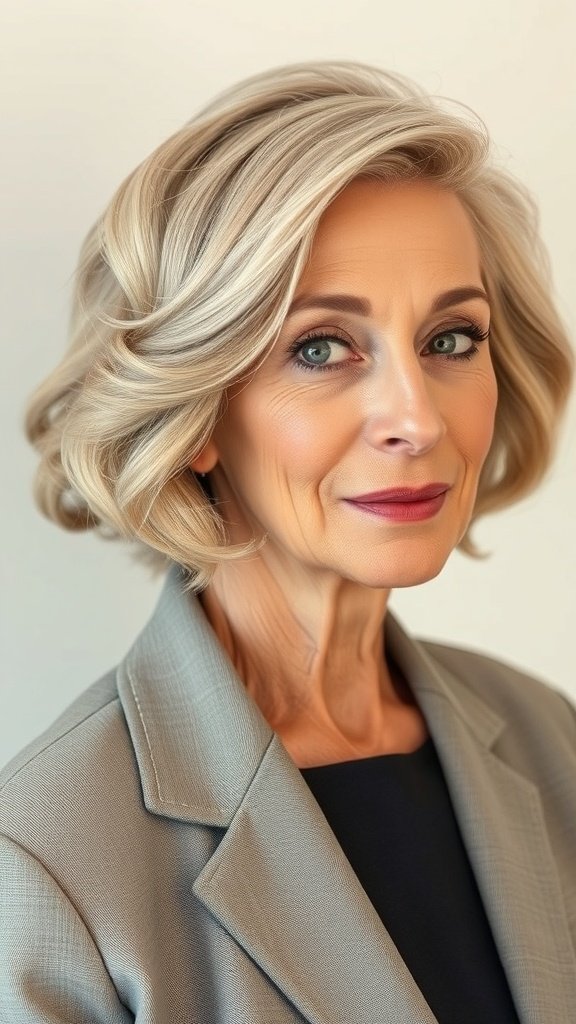 A woman over 70 with a long bob hairstyle featuring soft curls, wearing a blazer.