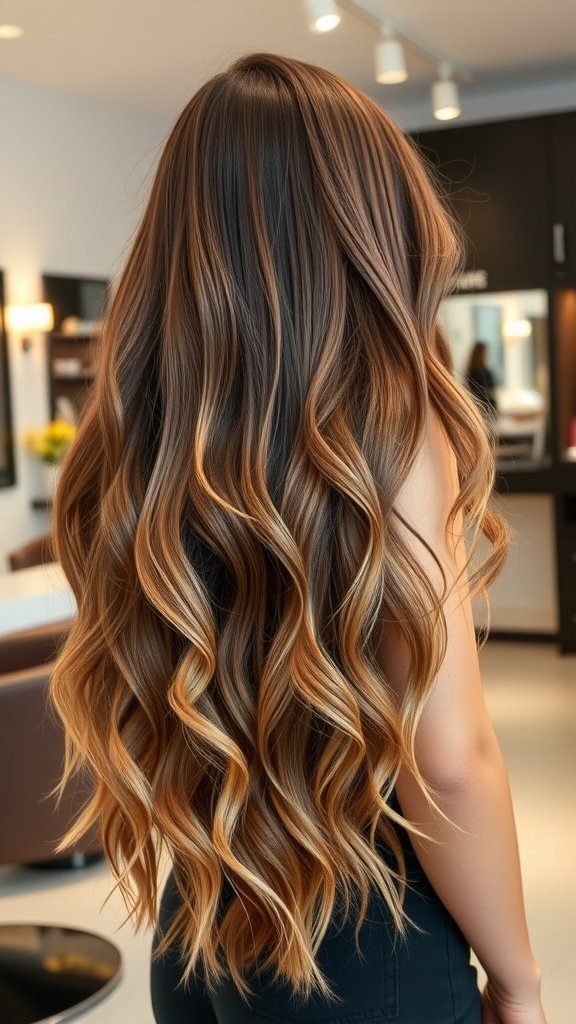 A woman with long, wavy hair featuring razored layers, showcasing a blend of rich colors.