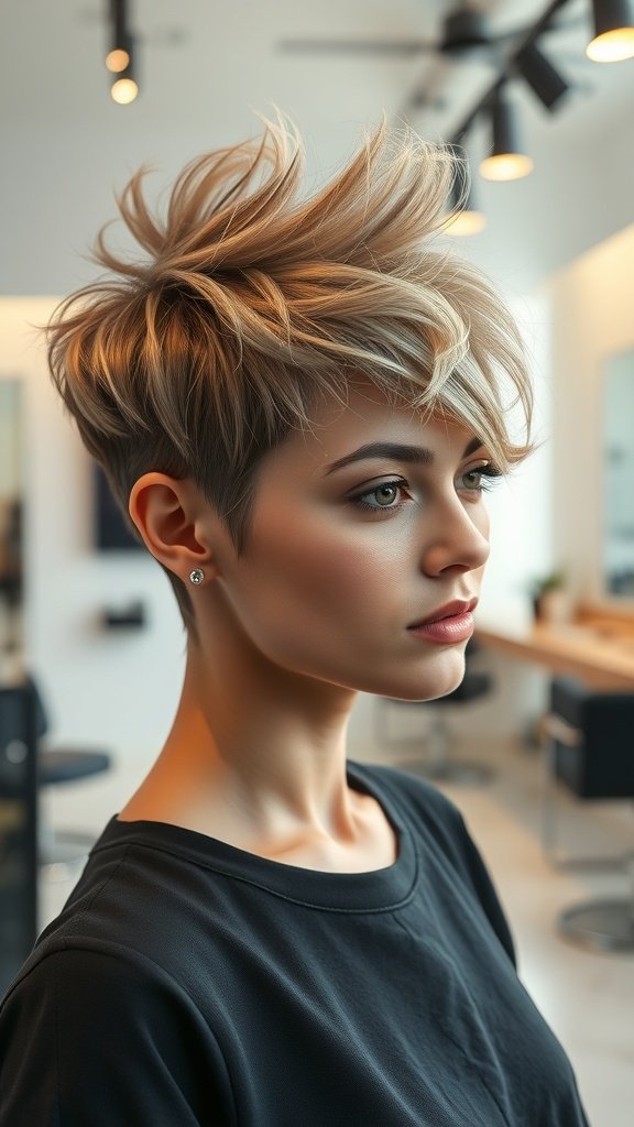 A woman with a faux hawk inspired pixie haircut, showcasing textured layers and volume.