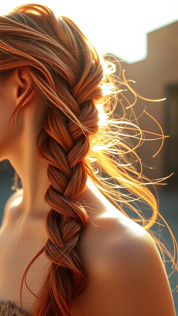 A close-up of a woman's fiery red-hot copper fishtail braid, illuminated by sunlight.