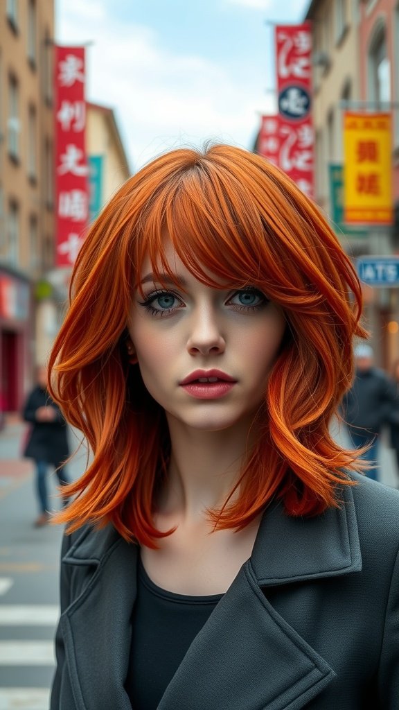 A person with fiery red shag haircut with flared ends, standing in a city street.