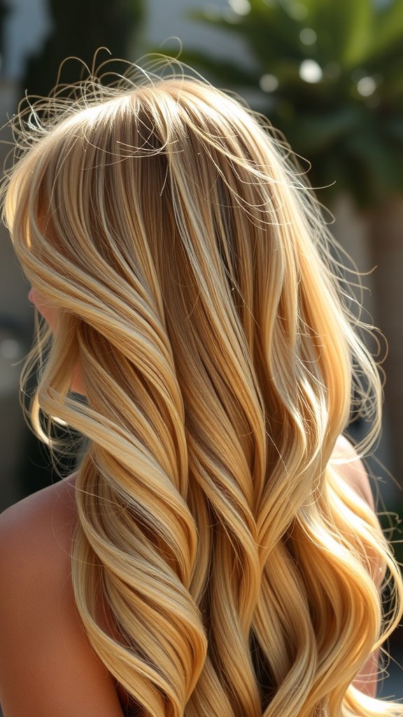 Long, wavy hair in a golden blonde color, showcasing a radiant and vibrant look.
