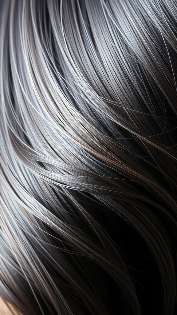 Close-up of dark hair with granite gray panel highlights