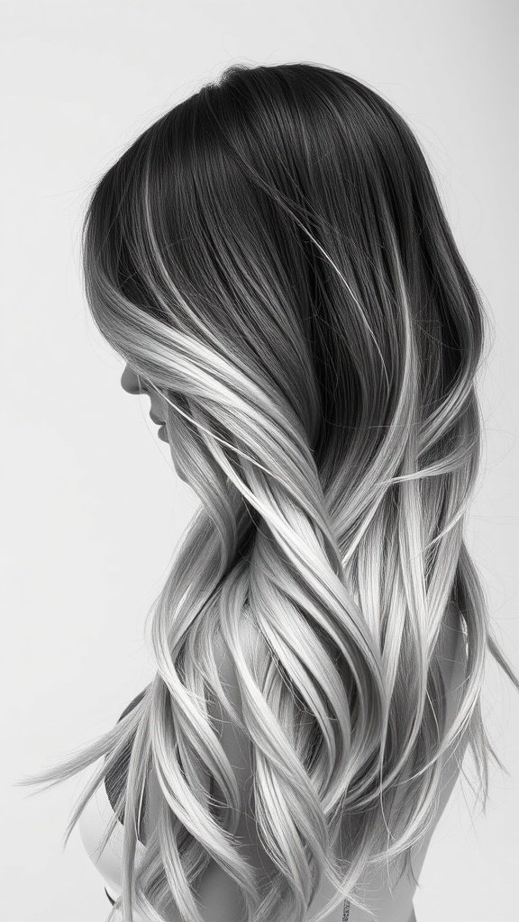 A woman with black to grey ombre hair styled in loose waves.
