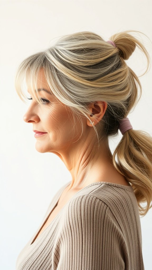 A woman with a half-ponytail and wispy curtain bangs, showcasing a stylish and youthful hairstyle.