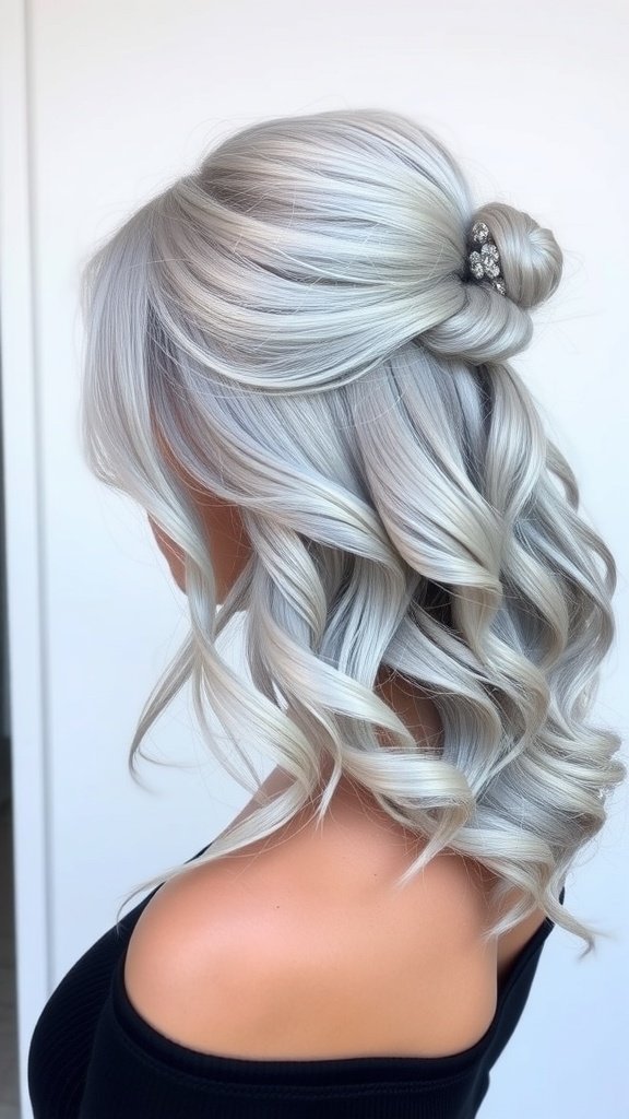 Half-up half-down silver hairstyle with soft waves and decorative clip