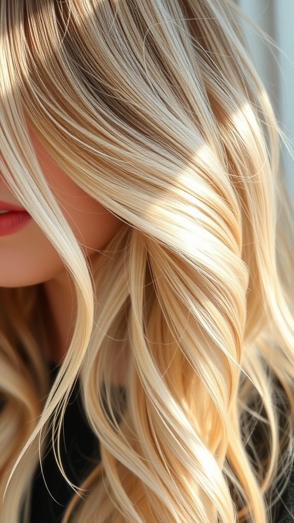 Light blonde hair with heavy lowlights styled in waves