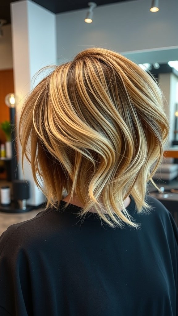 A layered bob hairstyle with wispy feathering and blonde highlights, showcasing movement and texture.
