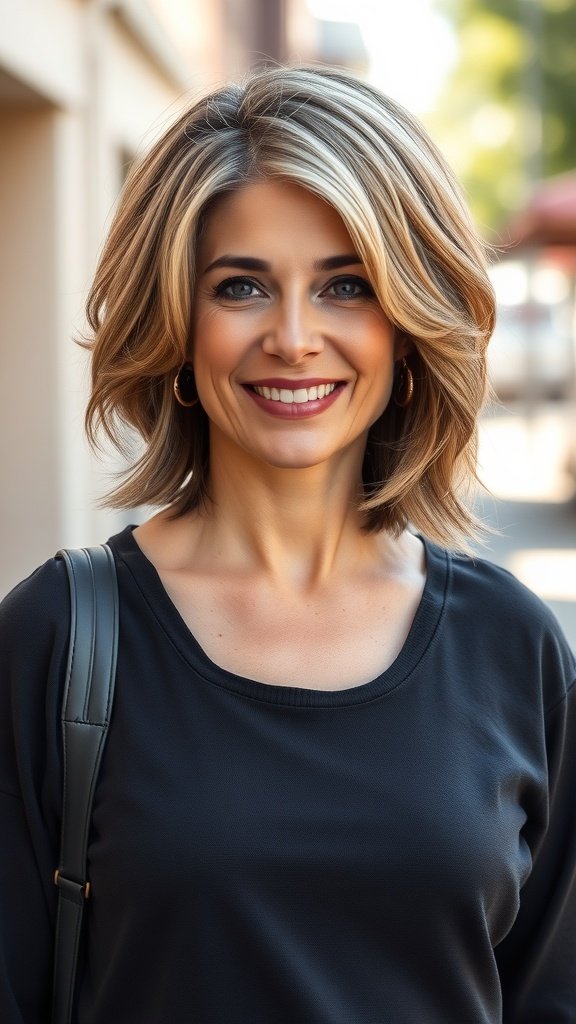 A woman with a layered cut and side-swept fringe, smiling confidently.