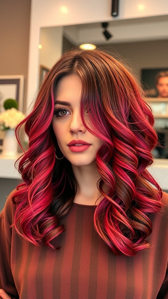 A woman with vibrant spiral curls styled in a lob haircut, showcasing rich colors and a modern look.