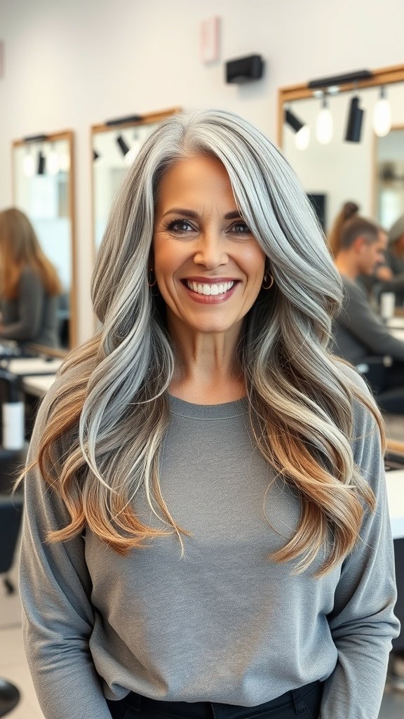 A woman with long layered gray hair featuring multi-tonal highlights, smiling in a salon setting.