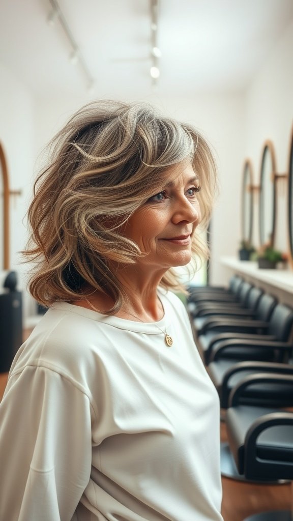 A woman with loose curls and root lift hairstyle, smiling in a salon setting.