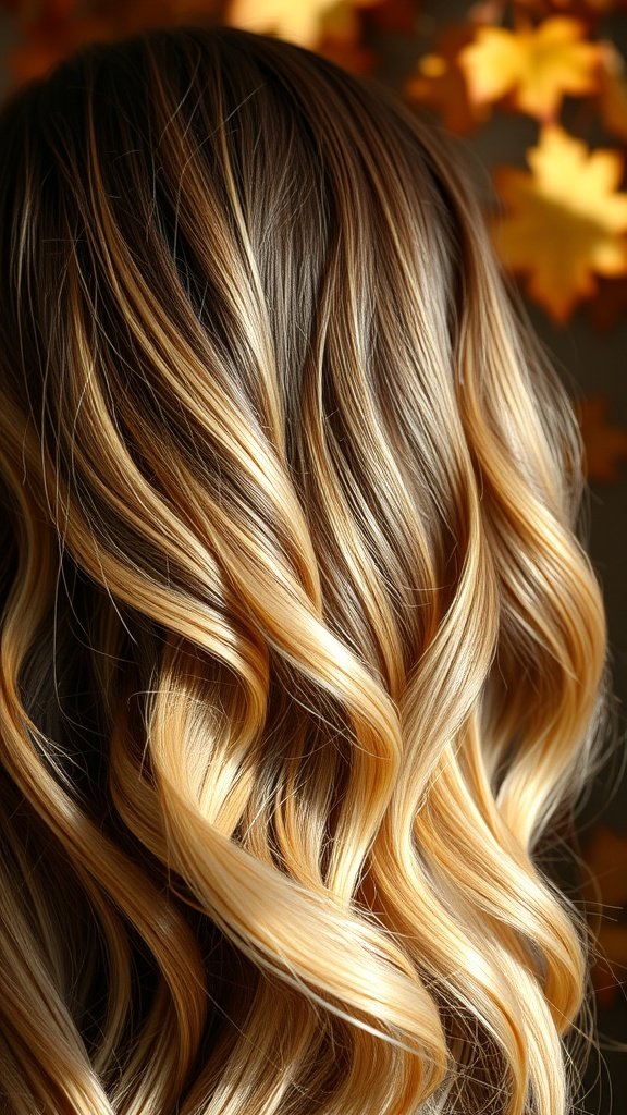 A close-up view of hair styled in soft waves featuring mocha swirls and blonde balayage highlights.