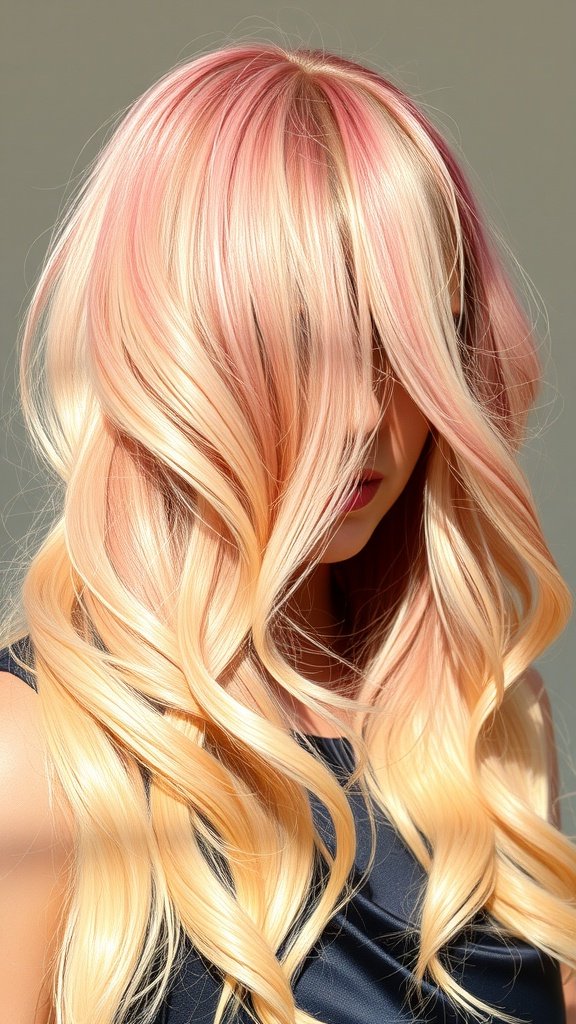 A woman with long, wavy blonde hair featuring peachy pink highlights, styled elegantly.