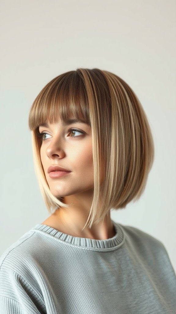 A woman with a pin straight shag hairstyle featuring blunt ends, looking stylish and confident.