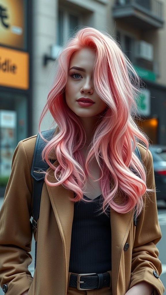 A woman with long, pink pearl tinted hair wearing a stylish outfit, standing outdoors.