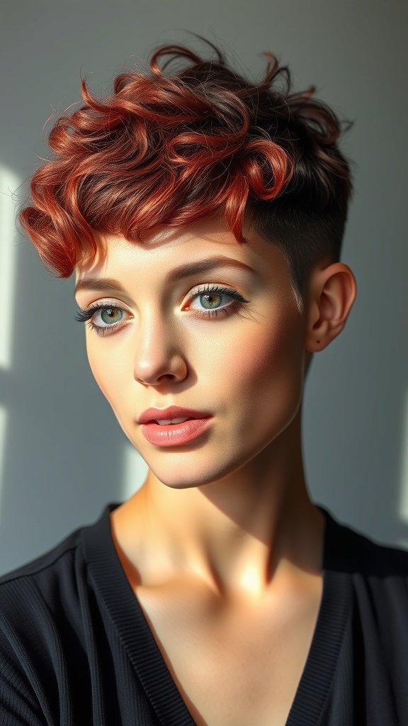 A woman with a short pixie cut featuring tight coils, showcasing a vibrant red color and a stylish look.