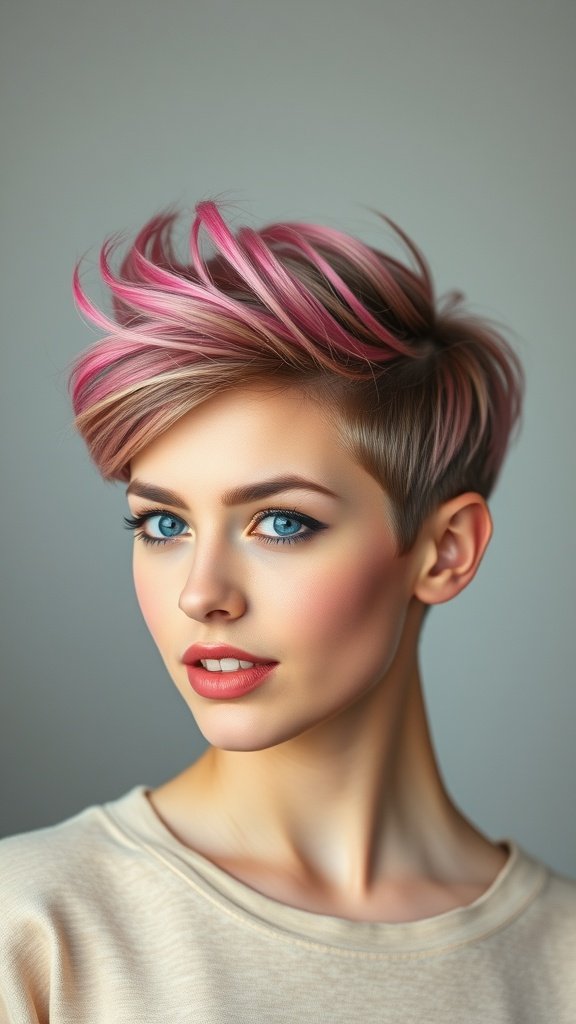 A young woman with a puffy crown pixie hairstyle featuring tapered sides and pink highlights.