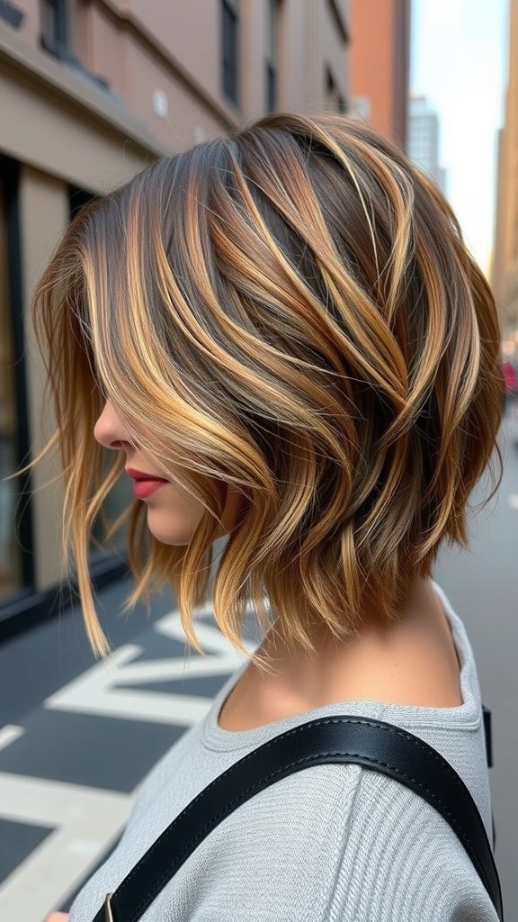 A woman with a razor-cut shag hairstyle featuring multi-tonal balayage, showcasing layers and highlights.