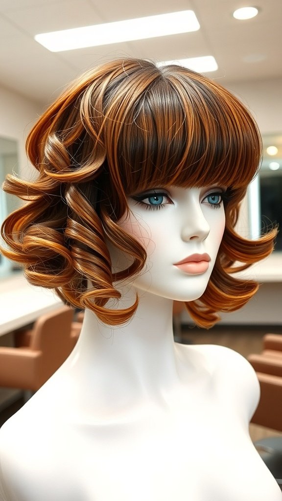 A mannequin displaying a retro curly bob hairstyle with blunt bangs, showcasing soft curls and a rich color.