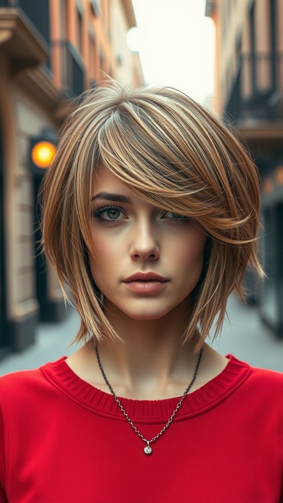 A woman with a shag haircut and swoopy bangs, wearing a red top, standing in a city street.