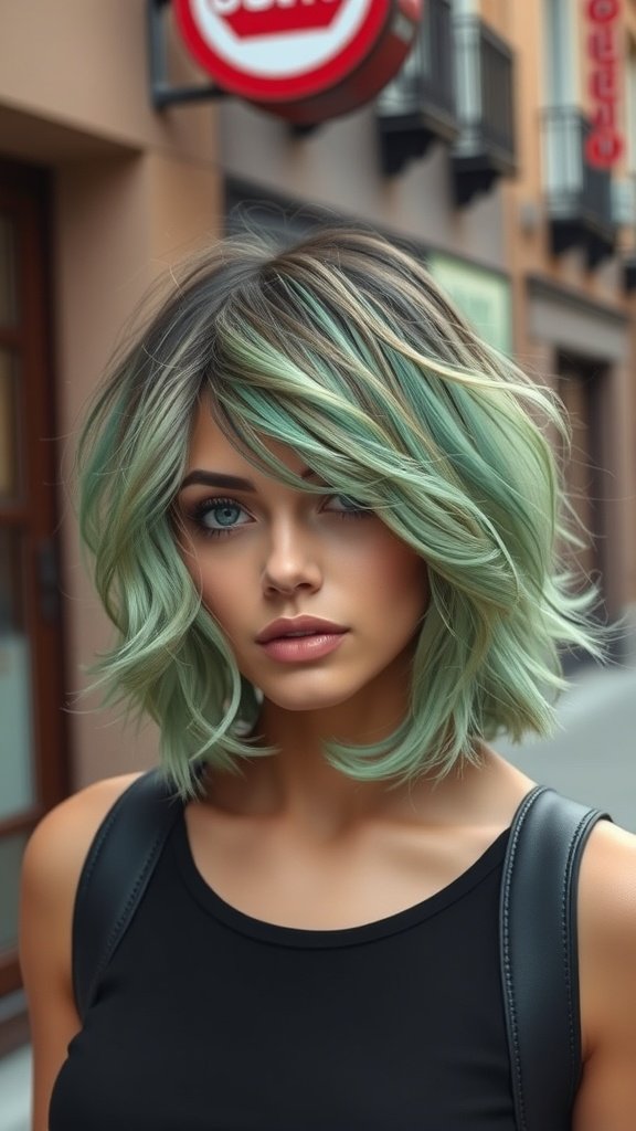 A woman with a shaggy bob hairstyle in mint green color, featuring disconnected layers, standing outdoors.
