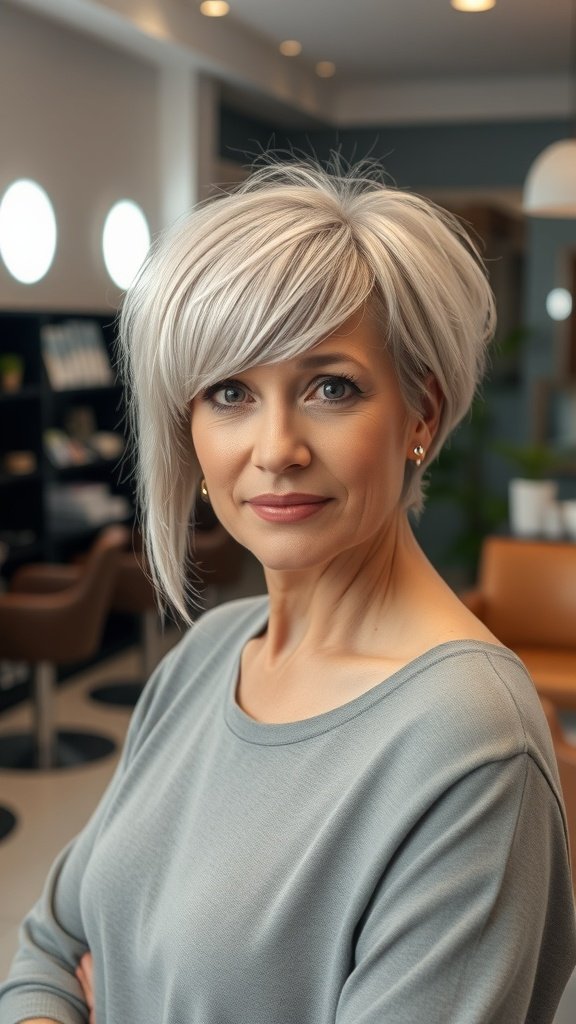 A woman with a shaggy pixie hairstyle and long bangs, showcasing a stylish and modern look.