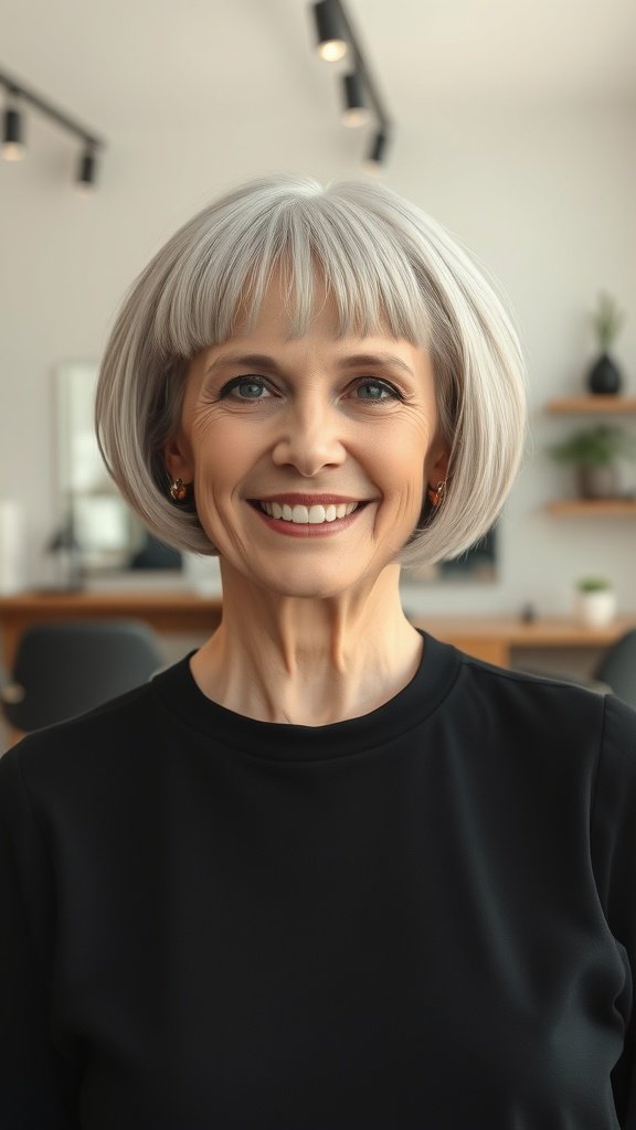 A woman over 70 with a short bob hairstyle and micro bangs, smiling confidently.