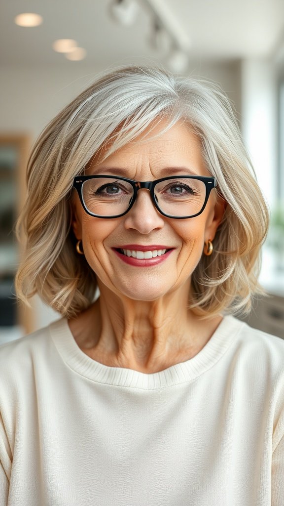 A smiling older woman with shoulder-length layered hair and glasses, showcasing a stylish and youthful hairstyle.
