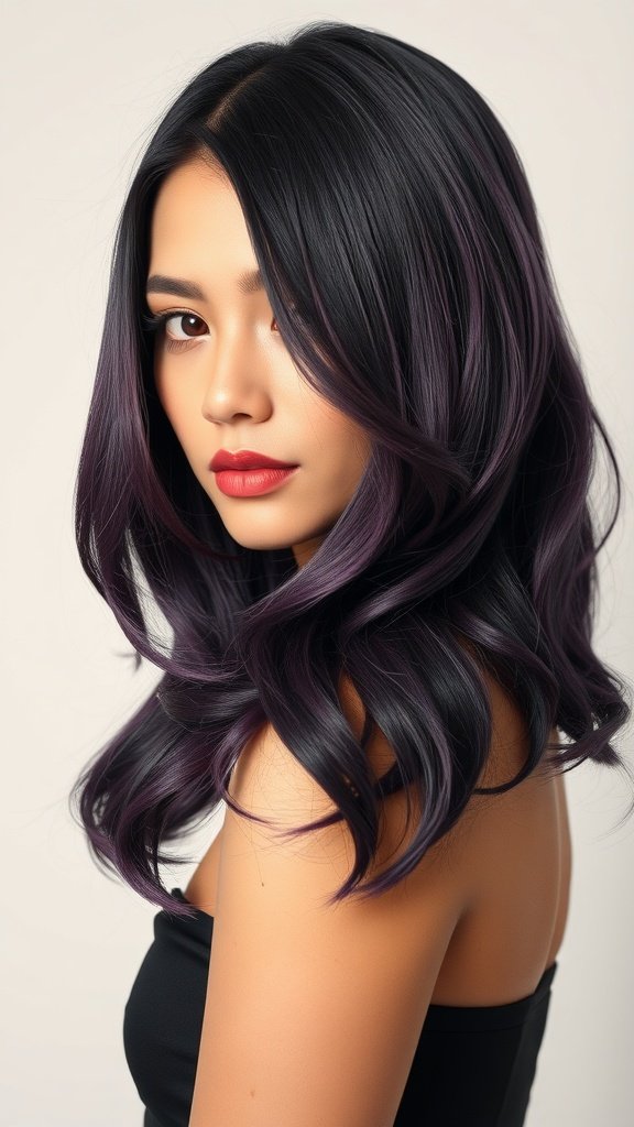 A woman with silky violet-tinted black hair styled in gentle waves.