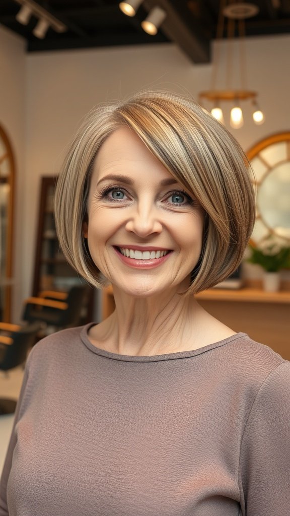 A woman with a sleek rounded bob hairstyle, smiling in a modern salon.