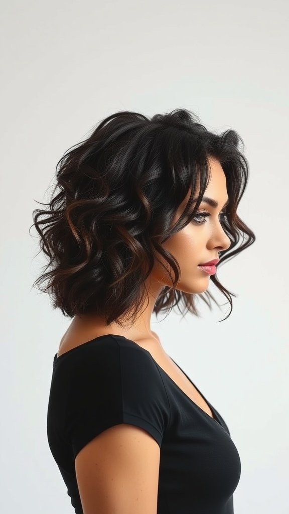 A woman with shoulder-length curly hair styled in a slicked-back wet look, showcasing elegance and shine.