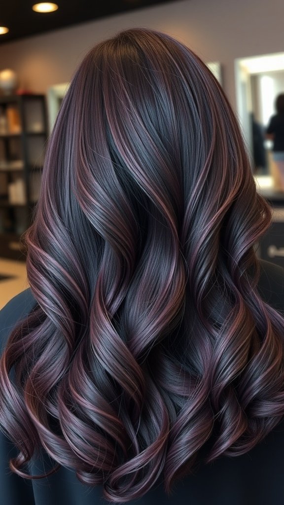 A back view of hair styled in smoky violet layers with soft waves.