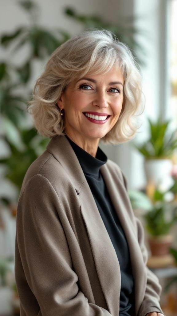 A woman with soft curls styled in a French bob with a straight fringe, smiling in a cozy indoor setting.