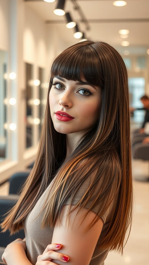 A woman with straight hair and a micro fringe, showcasing a modern hairstyle in a salon setting.