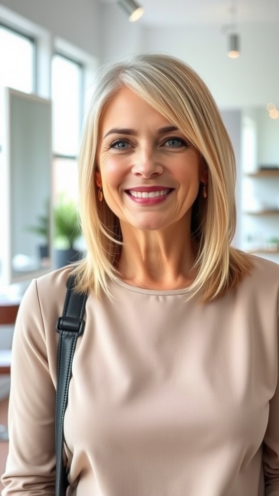 A woman with straight shoulder-length hair and light layers, smiling in a modern setting.