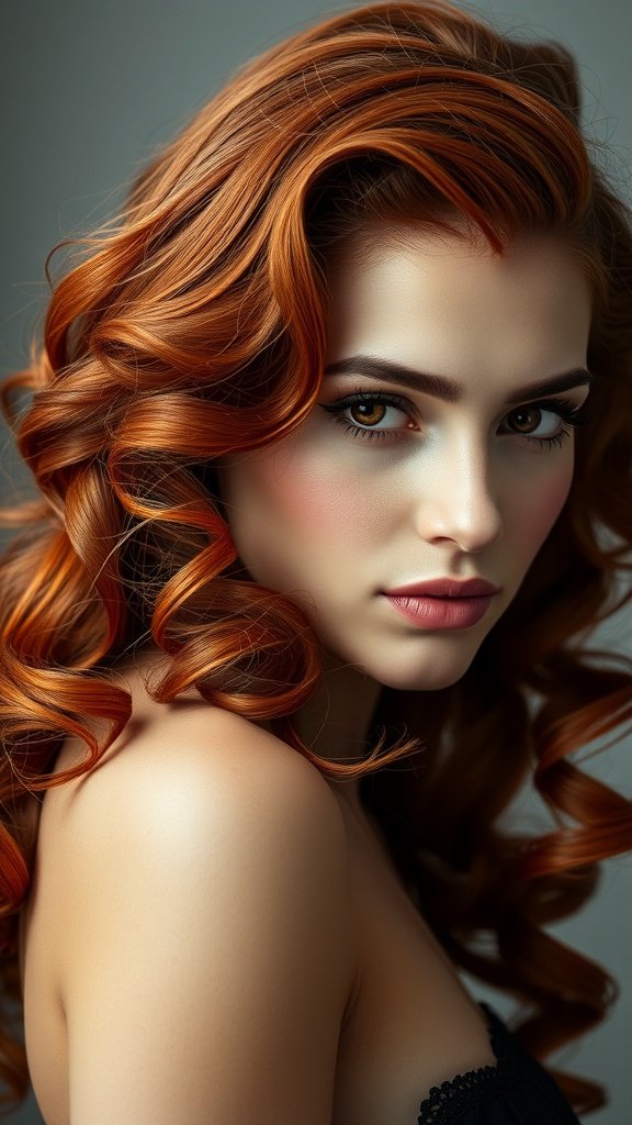 A model with vibrant red curls, showcasing a sultry hairstyle.