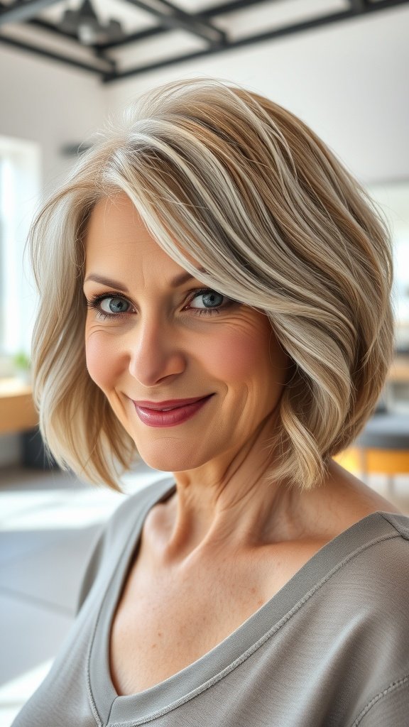 A woman with a textured bob hairstyle, featuring soft waves and root lift, smiling in a modern setting.