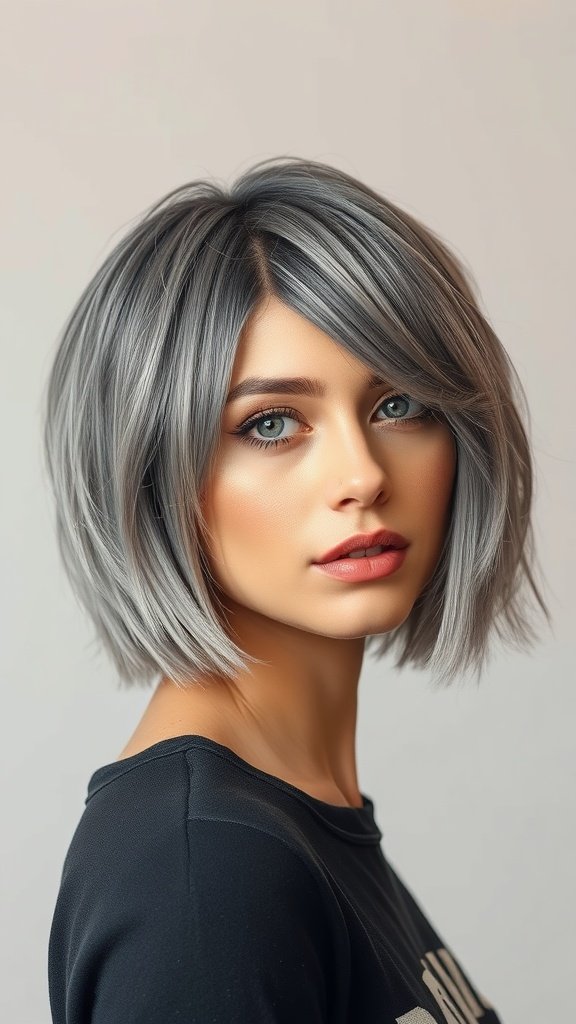 A woman with a textured gray bob hairstyle, featuring root lift, looking confidently at the camera.