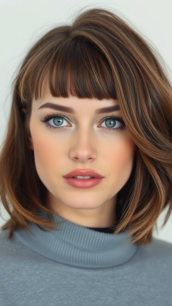 A woman with a textured lob hairstyle and blunt bangs, showcasing a soft and stylish look.