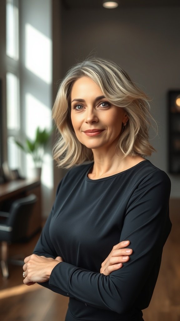 A woman with a textured lob hairstyle featuring piecey layers, looking confident and stylish.