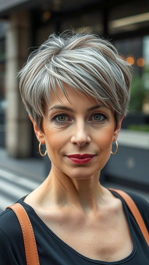 A woman with a textured pixie hairstyle and long bangs, wearing a black top and hoop earrings, looking confidently at the camera.