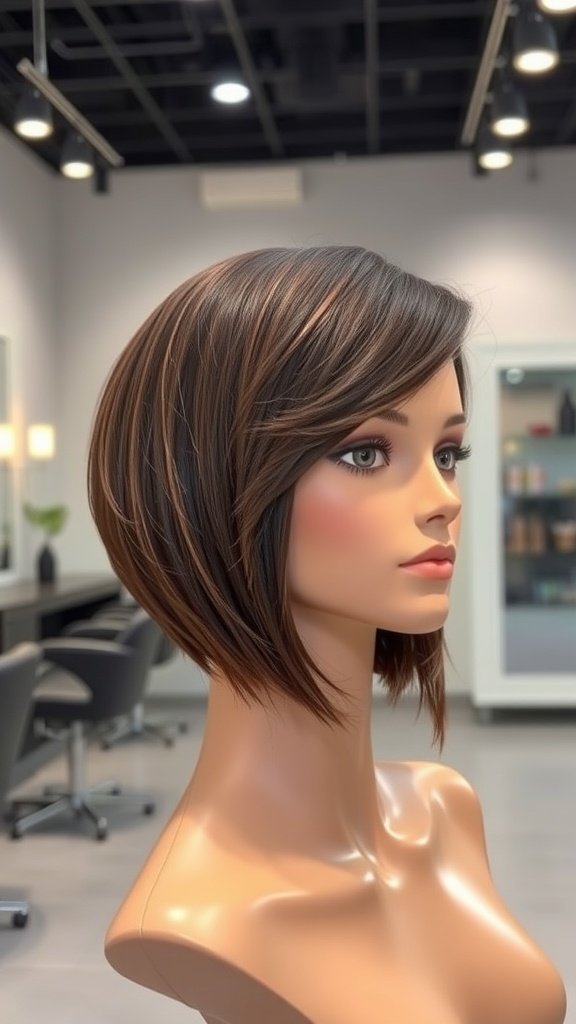A mannequin showcasing an undercut shoulder-length chop hairstyle with sleek layers and a modern look.