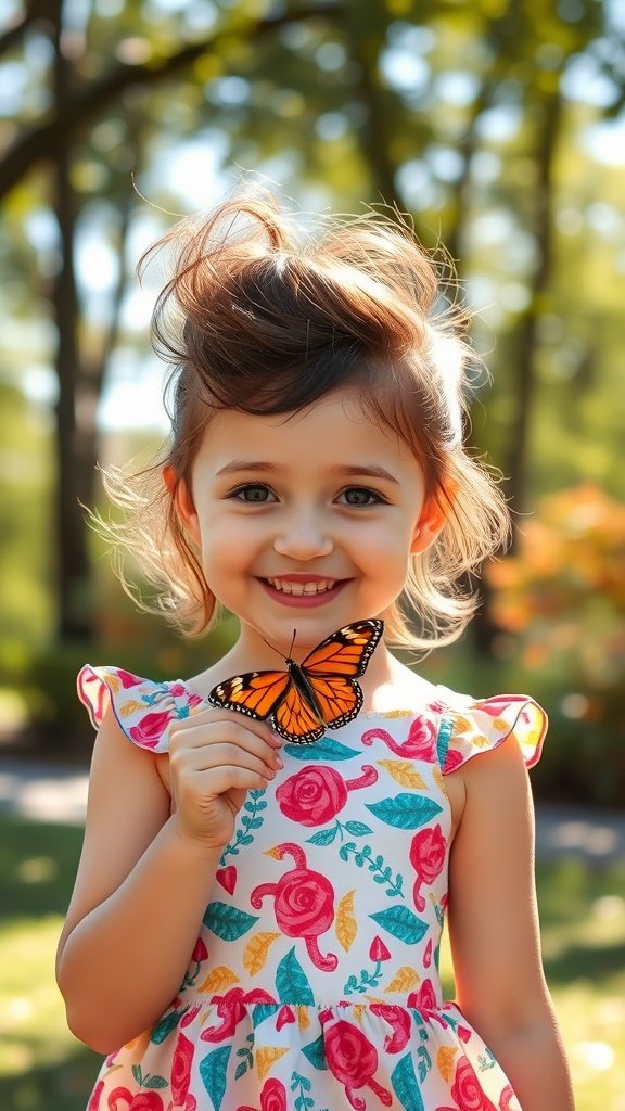 A little girl with voluminous hair on top and tapered sides, smiling while holding a butterfly.