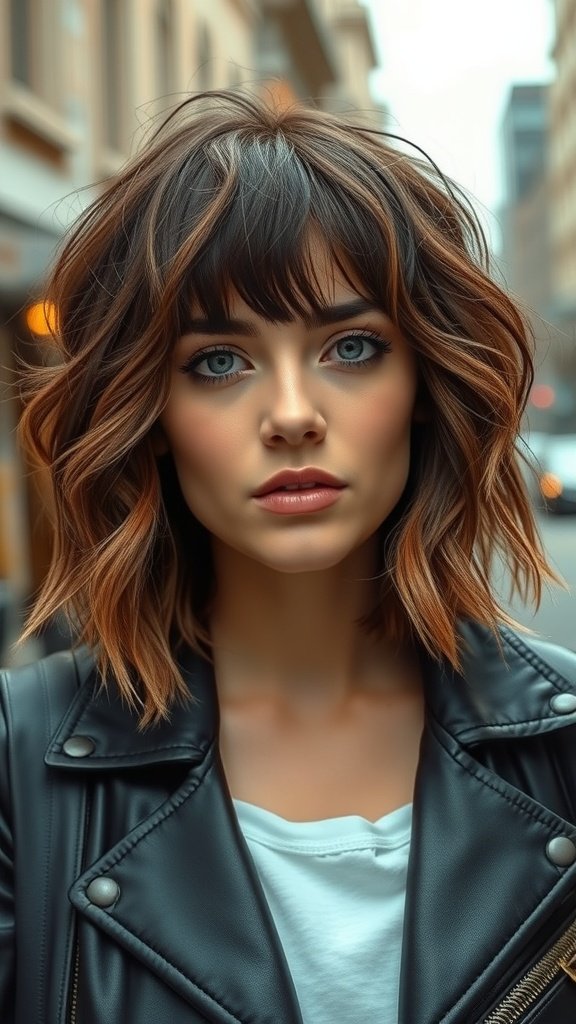 A woman with a wavy choppy bob and layered bangs, wearing a leather jacket and looking confidently at the camera.