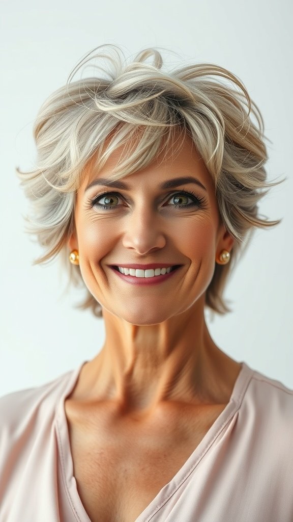 A woman over 50 with a wavy pixie hairstyle featuring dimensional texture, smiling confidently.